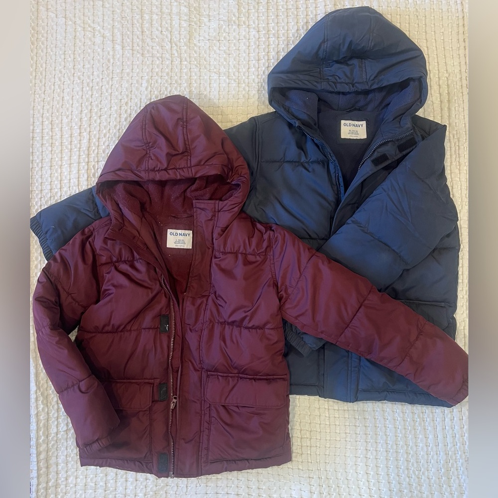 Old Navy Kids Hooded Puffer Jackets - Maroon L & Navy XL